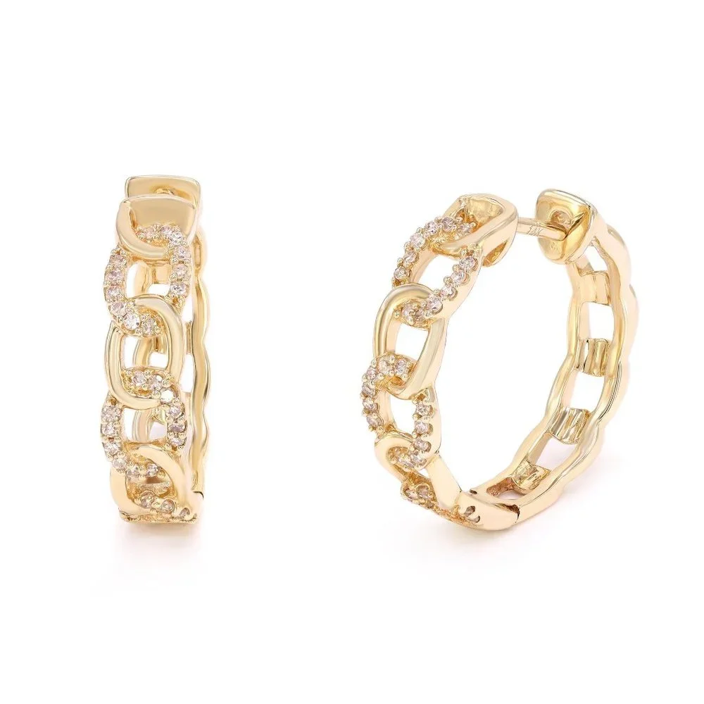 Rachel Koen Chain Link Diamond Huggie Earrings 14K Yellow Gold 0.187cttw - Picture 2 of 4